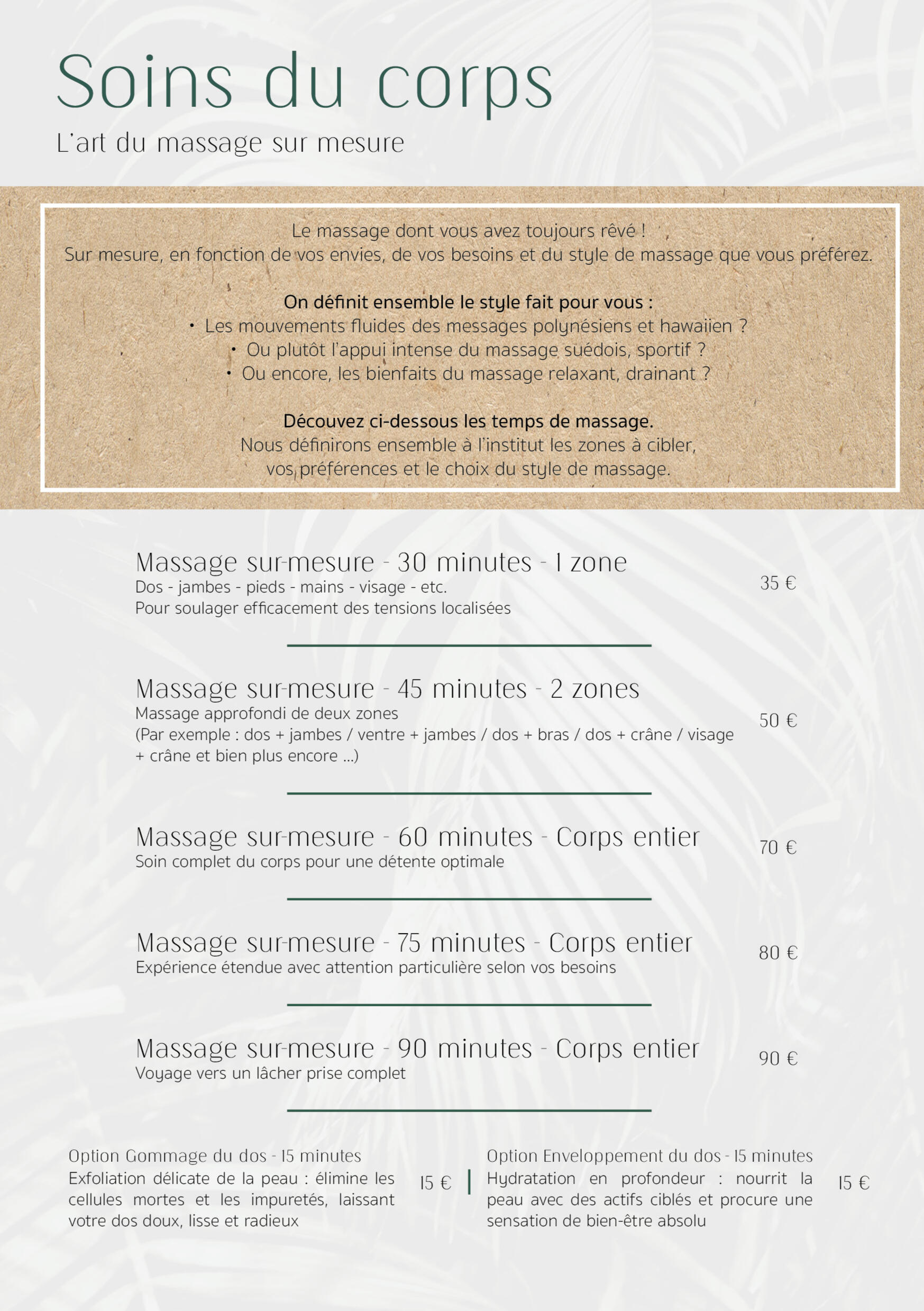 Soins du corps - L'art du massage sur mesure Carte des soins du corps et massages