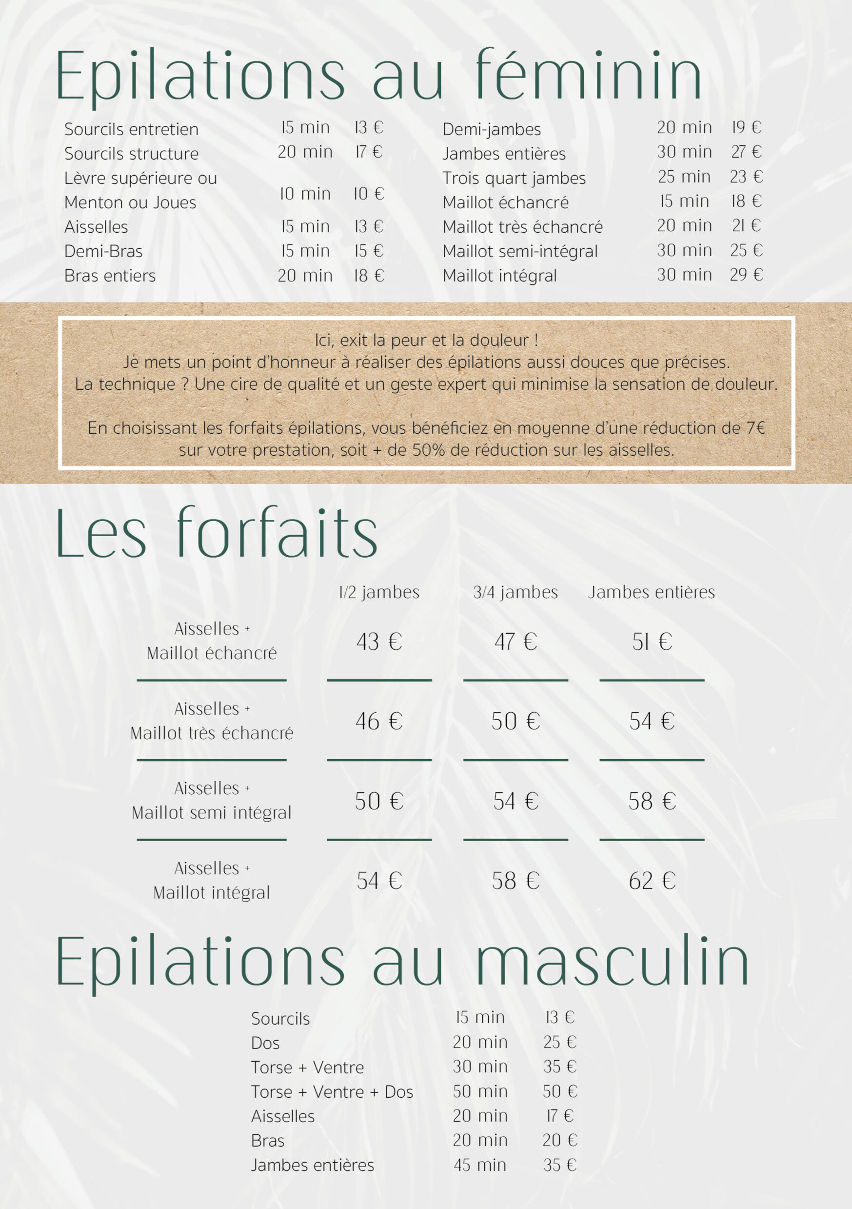 Carte des épilations Epilations et forfaits d'épilations au féminin et au masculin